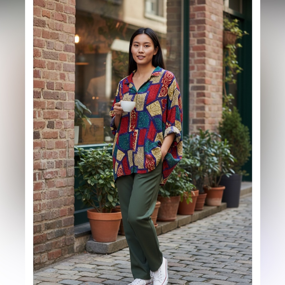 ALFRED DUNNER PLUS SZ 24W VINTAGE 90s COLOR BLOCK PRINT BUTTON UP SHIRT. USED